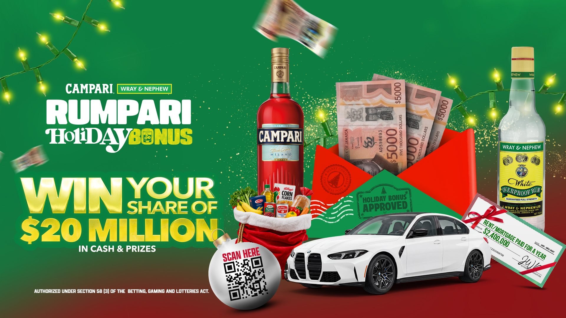 Rumpari Holiday Bonus. Win your share of $30 million in cash and prizes, including two BMW 2 Series 218i, rent or mortgage paid for a year, supermarket vouchers and holiday cash. Campari and Wray & Nephew White Overproof Rum.