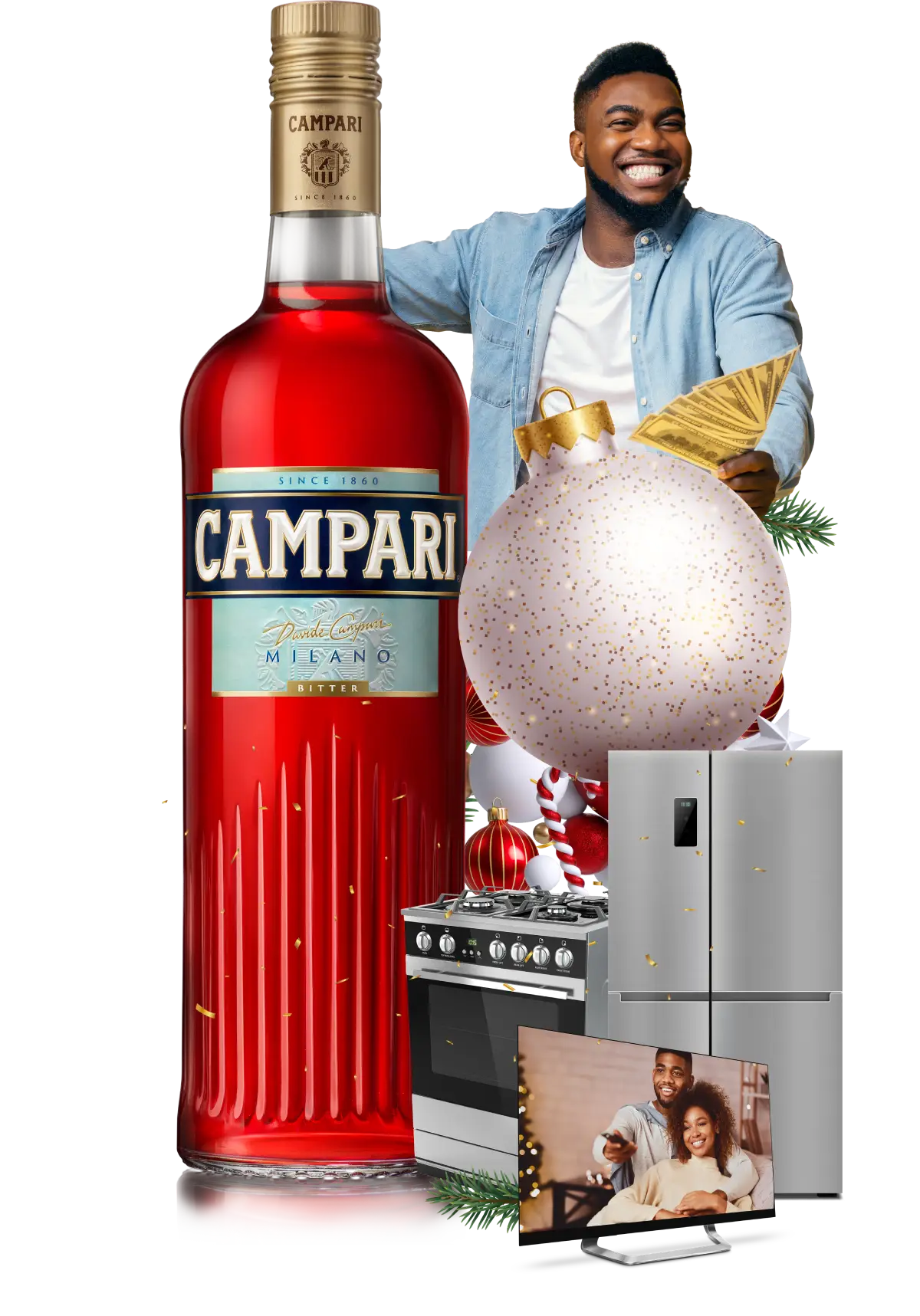 Campari bottle & prizes collage
